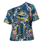North Queensland Cowboys Cross Shoulder Shirt Tropical Hibiscus Floral Pattern With Blue And Yellow Accents