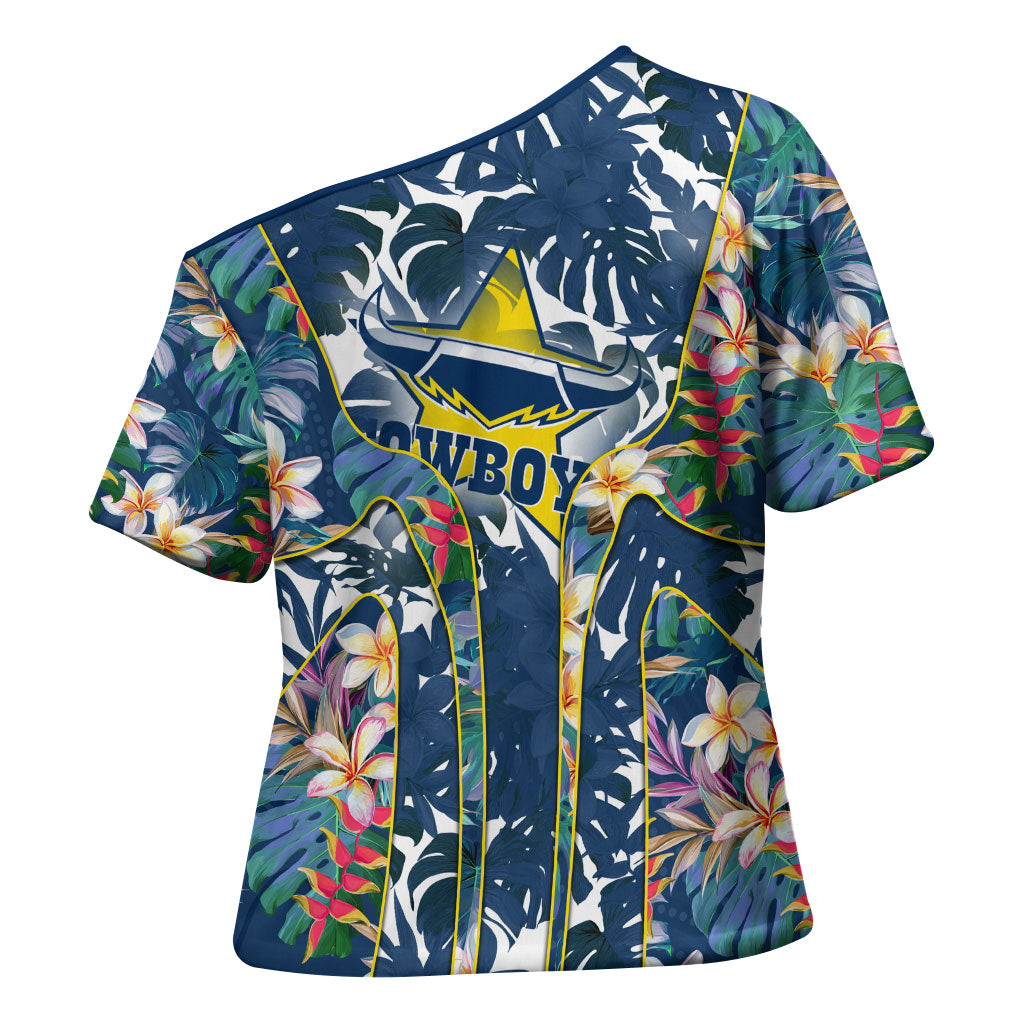North Queensland Cowboys Cross Shoulder Shirt Tropical Hibiscus Floral Pattern With Blue And Yellow Accents