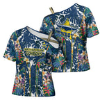 North Queensland Cowboys Cross Shoulder Shirt Tropical Hibiscus Floral Pattern With Blue And Yellow Accents
