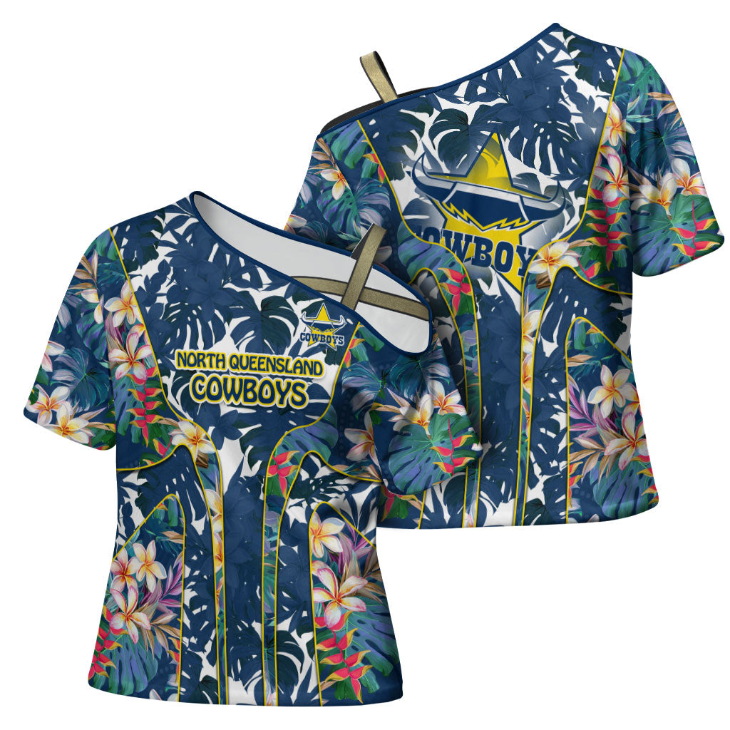 North Queensland Cowboys Cross Shoulder Shirt Tropical Hibiscus Floral Pattern With Blue And Yellow Accents