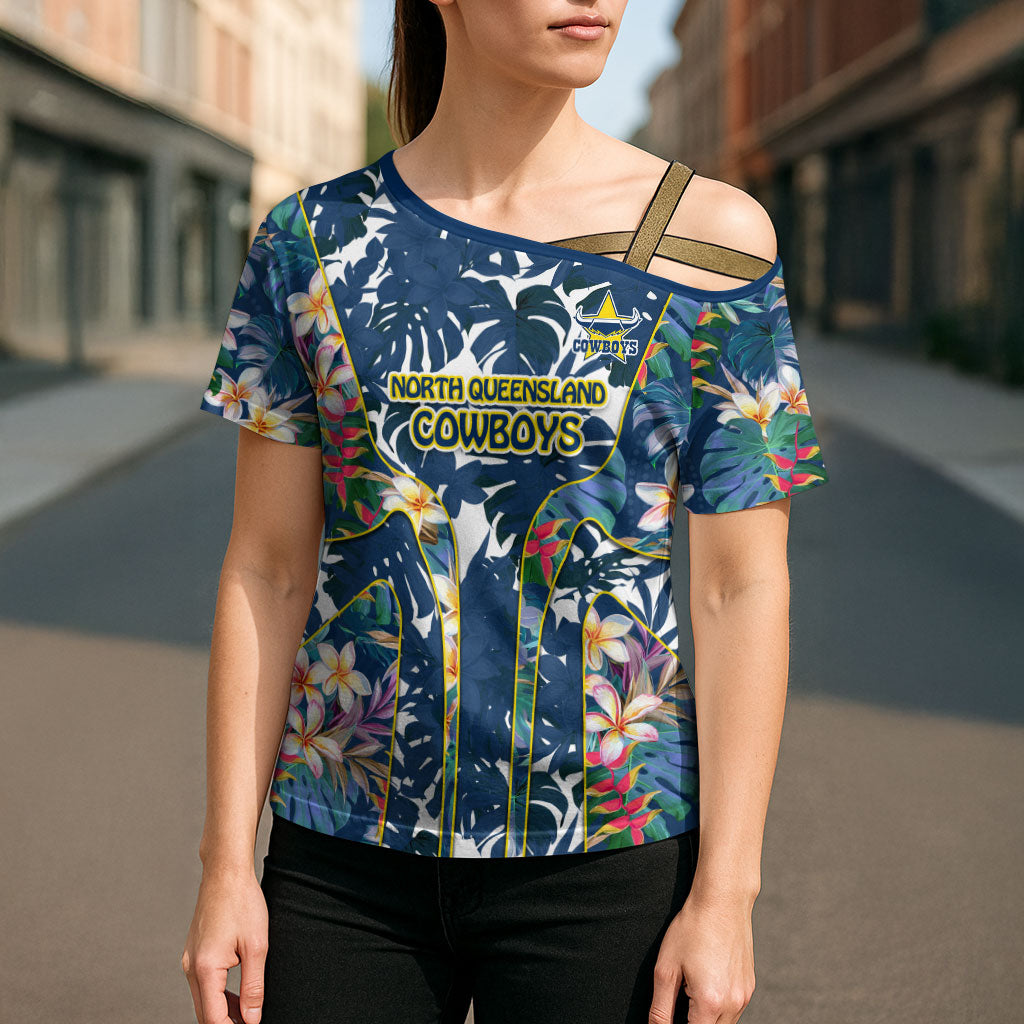North Queensland Cowboys Cross Shoulder Shirt Tropical Hibiscus Floral Pattern With Blue And Yellow Accents