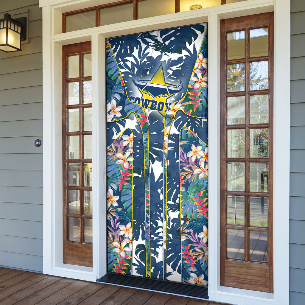 North Queensland Cowboys Door Cover Tropical Hibiscus Floral Pattern With Blue And Yellow Accents