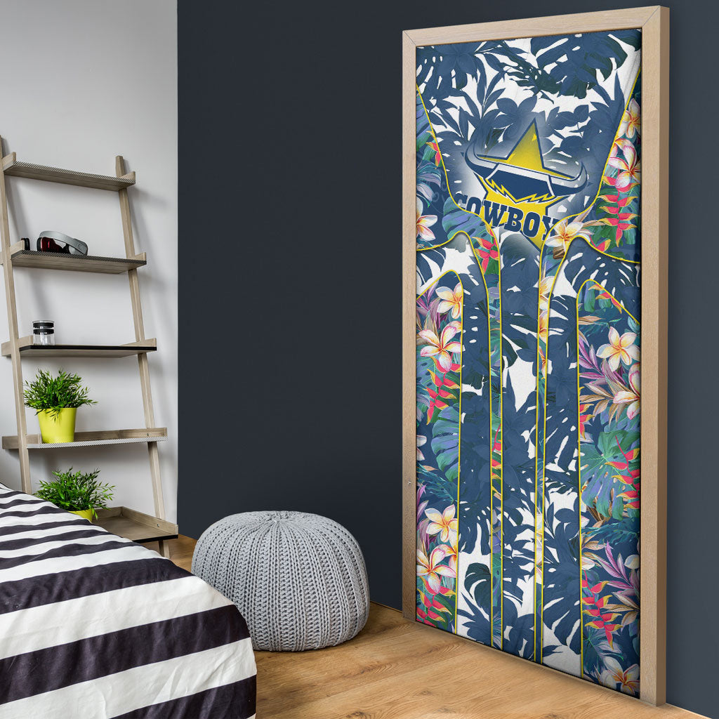 North Queensland Cowboys Door Cover Tropical Hibiscus Floral Pattern With Blue And Yellow Accents