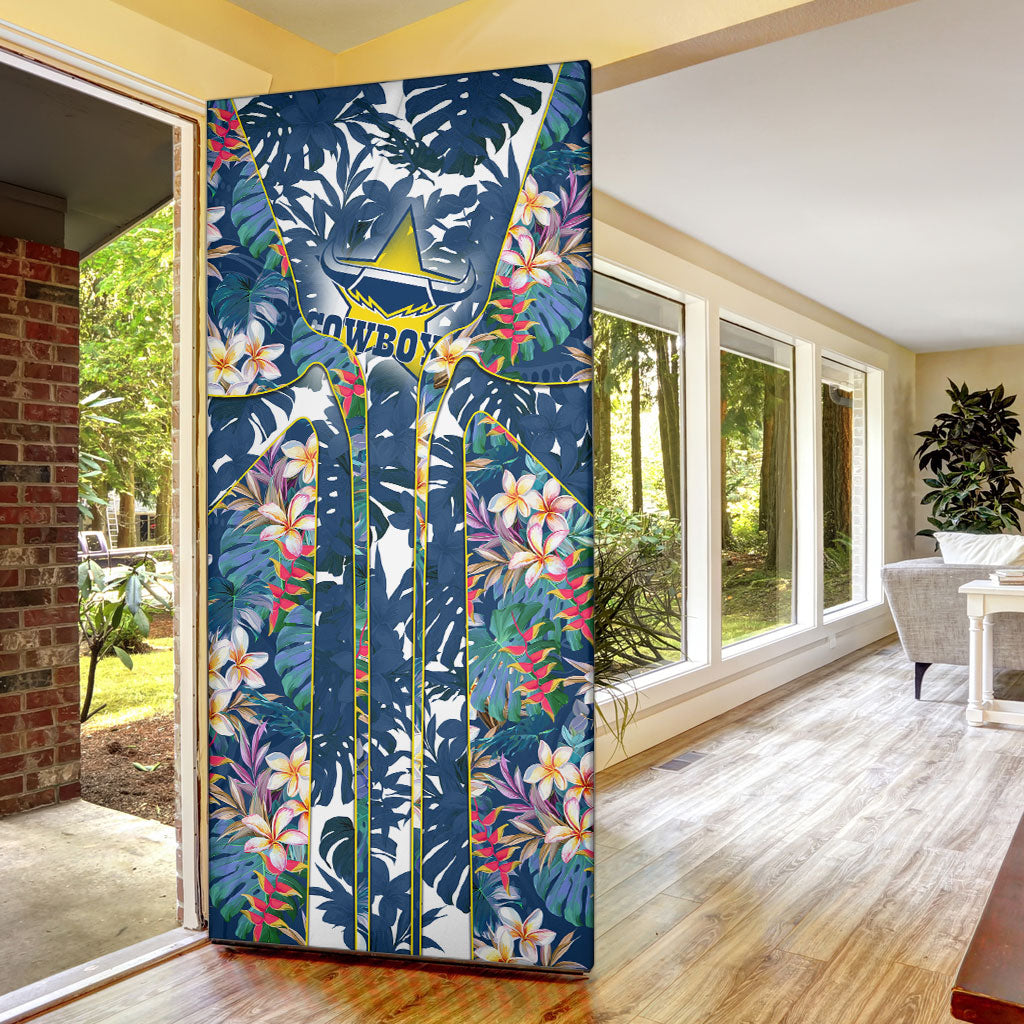 North Queensland Cowboys Door Cover Tropical Hibiscus Floral Pattern With Blue And Yellow Accents