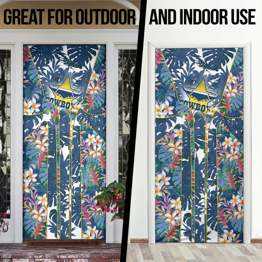 North Queensland Cowboys Door Cover Tropical Hibiscus Floral Pattern With Blue And Yellow Accents