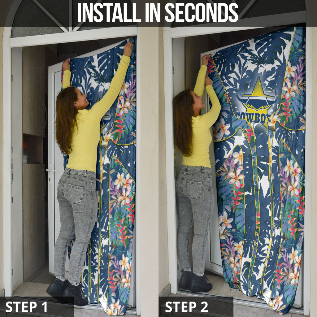 North Queensland Cowboys Door Cover Tropical Hibiscus Floral Pattern With Blue And Yellow Accents