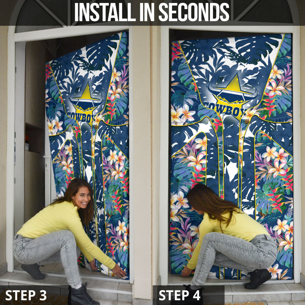 North Queensland Cowboys Door Cover Tropical Hibiscus Floral Pattern With Blue And Yellow Accents
