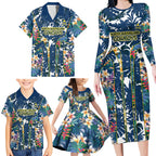 North Queensland Cowboys Family Matching Long Sleeve Bodycon Dress and Hawaiian Shirt Tropical Hibiscus Floral Pattern With Blue And Yellow Accents