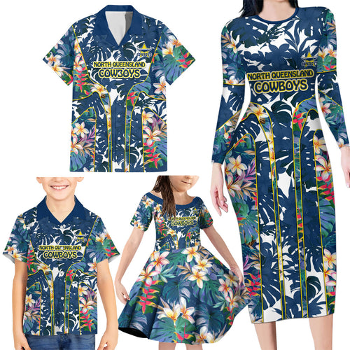 North Queensland Cowboys Family Matching Long Sleeve Bodycon Dress and Hawaiian Shirt Tropical Hibiscus Floral Pattern With Blue And Yellow Accents