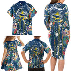 North Queensland Cowboys Family Matching Long Sleeve Bodycon Dress and Hawaiian Shirt Tropical Hibiscus Floral Pattern With Blue And Yellow Accents