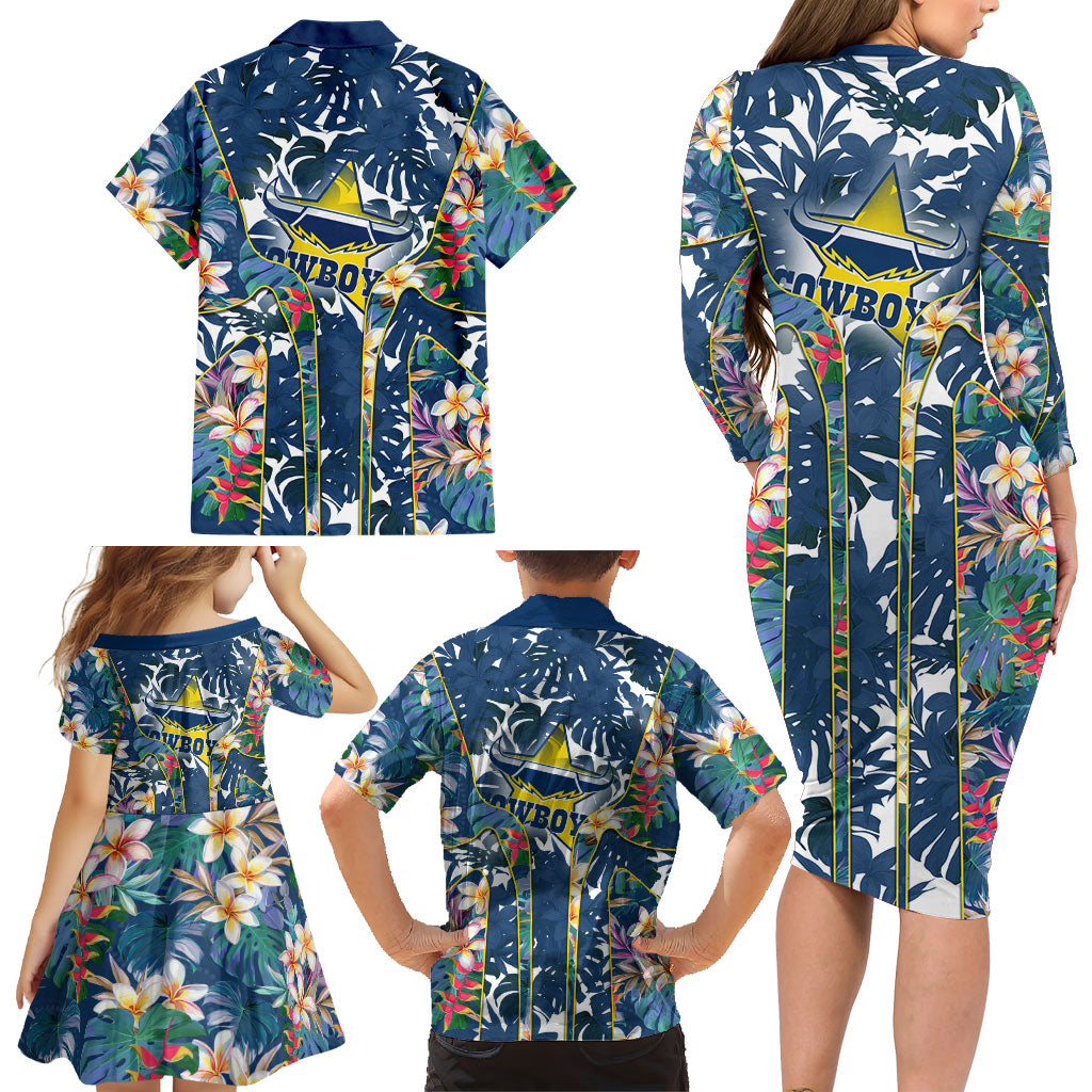 North Queensland Cowboys Family Matching Long Sleeve Bodycon Dress and Hawaiian Shirt Tropical Hibiscus Floral Pattern With Blue And Yellow Accents