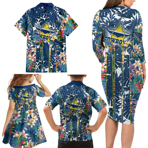 North Queensland Cowboys Family Matching Long Sleeve Bodycon Dress and Hawaiian Shirt Tropical Hibiscus Floral Pattern With Blue And Yellow Accents