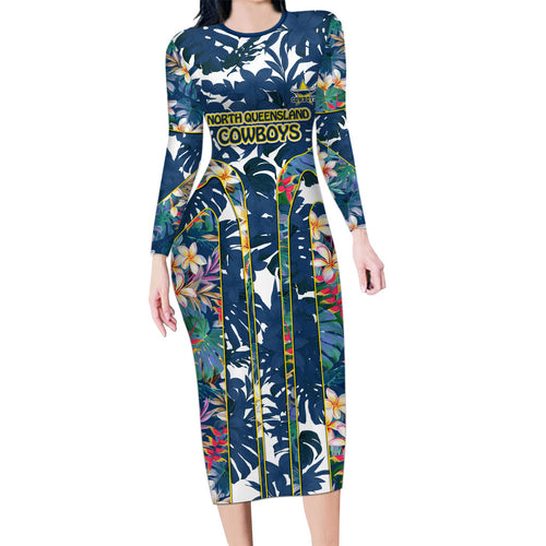 North Queensland Cowboys Family Matching Long Sleeve Bodycon Dress and Hawaiian Shirt Tropical Hibiscus Floral Pattern With Blue And Yellow Accents