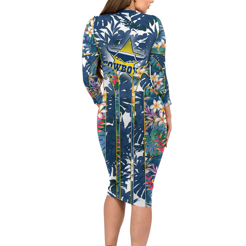 North Queensland Cowboys Family Matching Long Sleeve Bodycon Dress and Hawaiian Shirt Tropical Hibiscus Floral Pattern With Blue And Yellow Accents