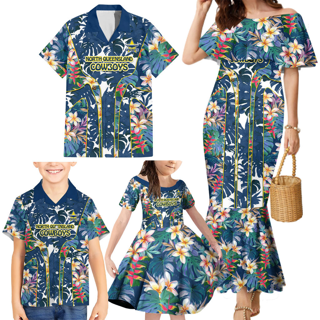 North Queensland Cowboys Family Matching Mermaid Dress and Hawaiian Shirt Tropical Hibiscus Floral Pattern With Blue And Yellow Accents