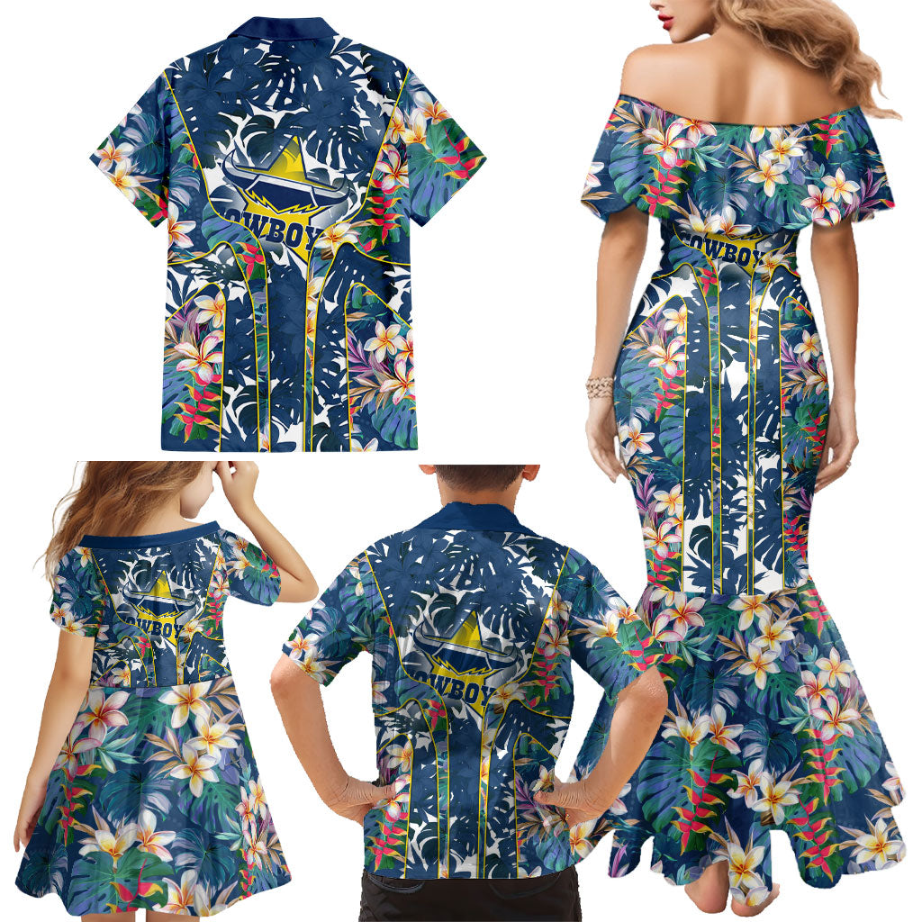 North Queensland Cowboys Family Matching Mermaid Dress and Hawaiian Shirt Tropical Hibiscus Floral Pattern With Blue And Yellow Accents