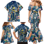 North Queensland Cowboys Family Matching Mermaid Dress and Hawaiian Shirt Tropical Hibiscus Floral Pattern With Blue And Yellow Accents
