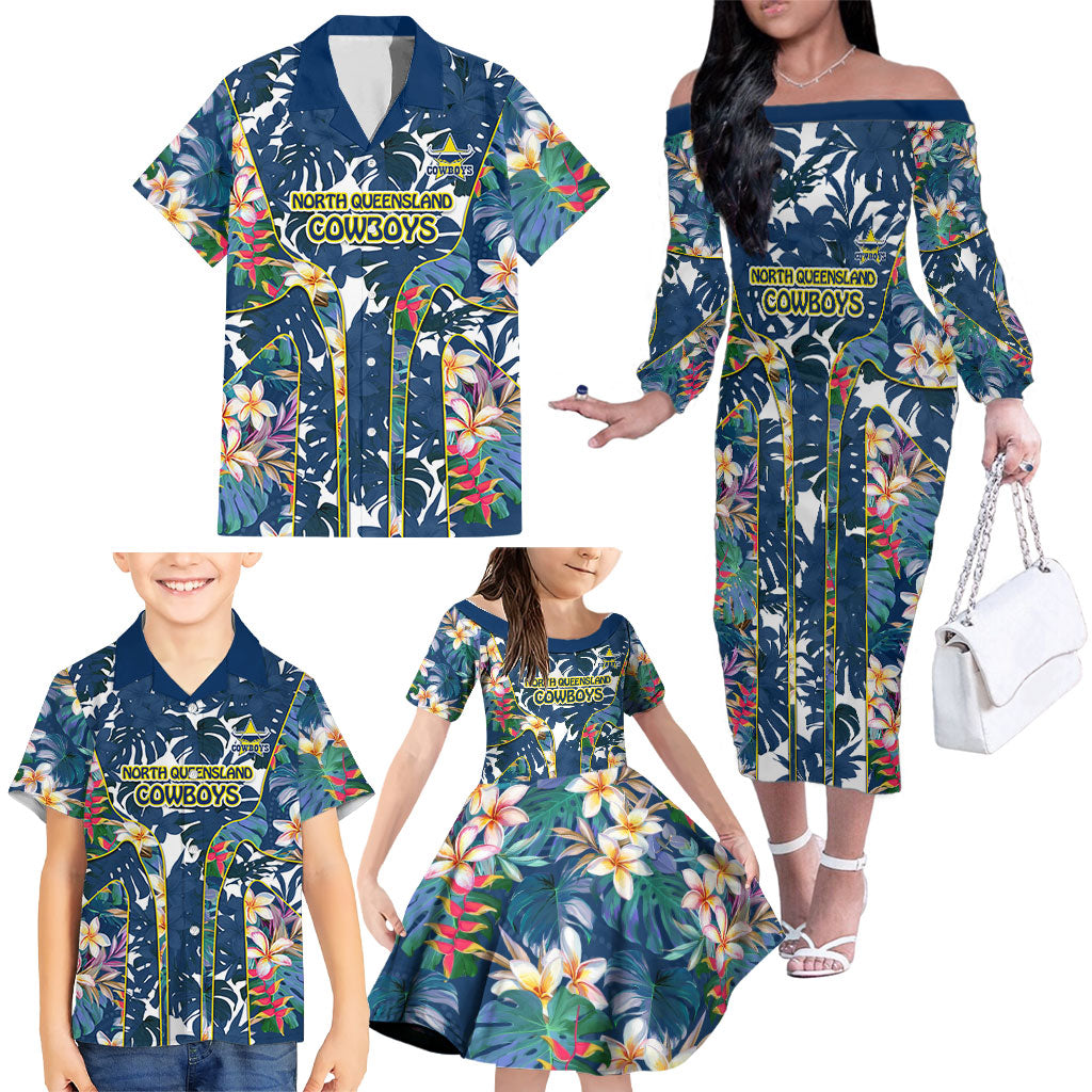 North Queensland Cowboys Family Matching Off The Shoulder Long Sleeve Dress and Hawaiian Shirt Tropical Hibiscus Floral Pattern With Blue And Yellow Accents