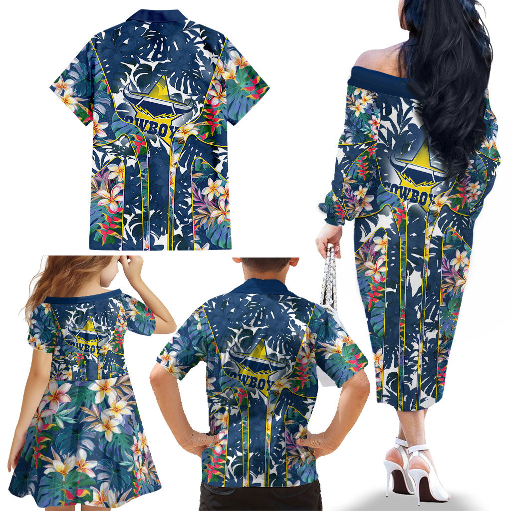 North Queensland Cowboys Family Matching Off The Shoulder Long Sleeve Dress and Hawaiian Shirt Tropical Hibiscus Floral Pattern With Blue And Yellow Accents