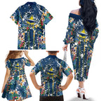 North Queensland Cowboys Family Matching Off The Shoulder Long Sleeve Dress and Hawaiian Shirt Tropical Hibiscus Floral Pattern With Blue And Yellow Accents