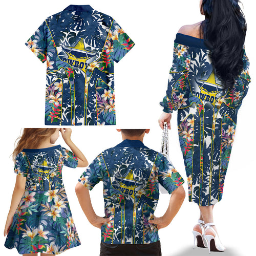North Queensland Cowboys Family Matching Off The Shoulder Long Sleeve Dress and Hawaiian Shirt Tropical Hibiscus Floral Pattern With Blue And Yellow Accents