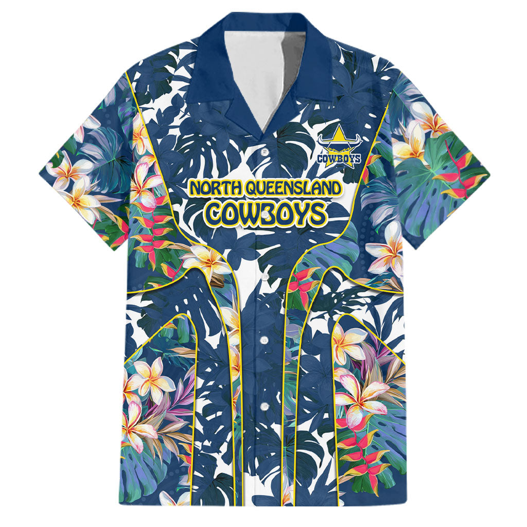 North Queensland Cowboys Family Matching Off The Shoulder Long Sleeve Dress and Hawaiian Shirt Tropical Hibiscus Floral Pattern With Blue And Yellow Accents