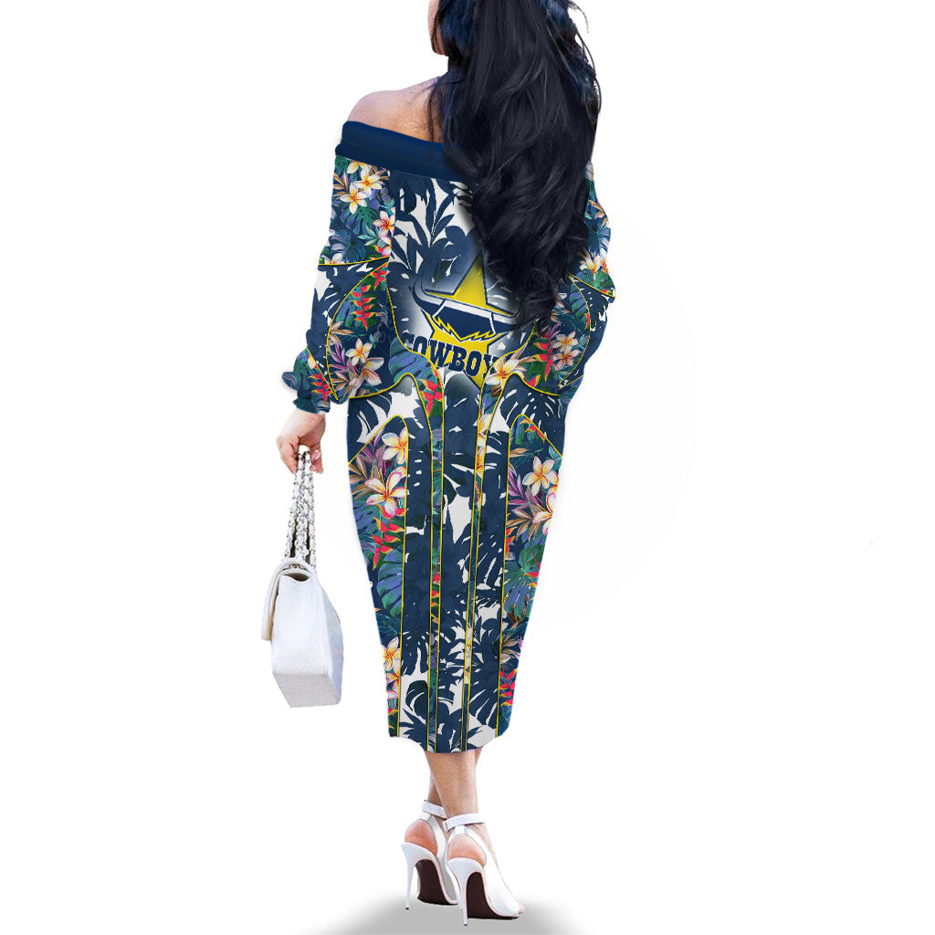 North Queensland Cowboys Family Matching Off The Shoulder Long Sleeve Dress and Hawaiian Shirt Tropical Hibiscus Floral Pattern With Blue And Yellow Accents