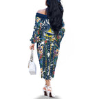 North Queensland Cowboys Family Matching Off The Shoulder Long Sleeve Dress and Hawaiian Shirt Tropical Hibiscus Floral Pattern With Blue And Yellow Accents