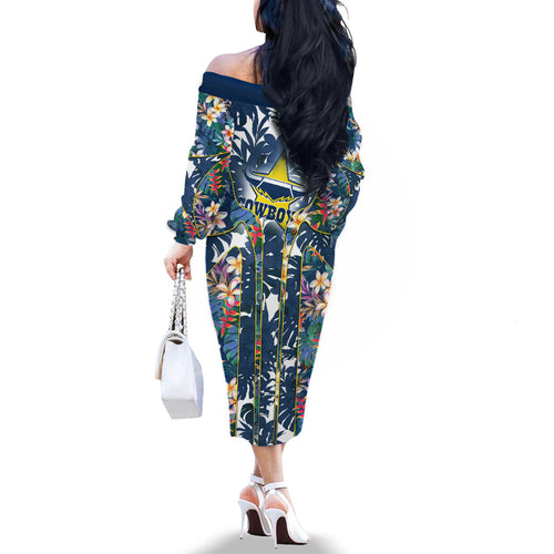 North Queensland Cowboys Family Matching Off The Shoulder Long Sleeve Dress and Hawaiian Shirt Tropical Hibiscus Floral Pattern With Blue And Yellow Accents