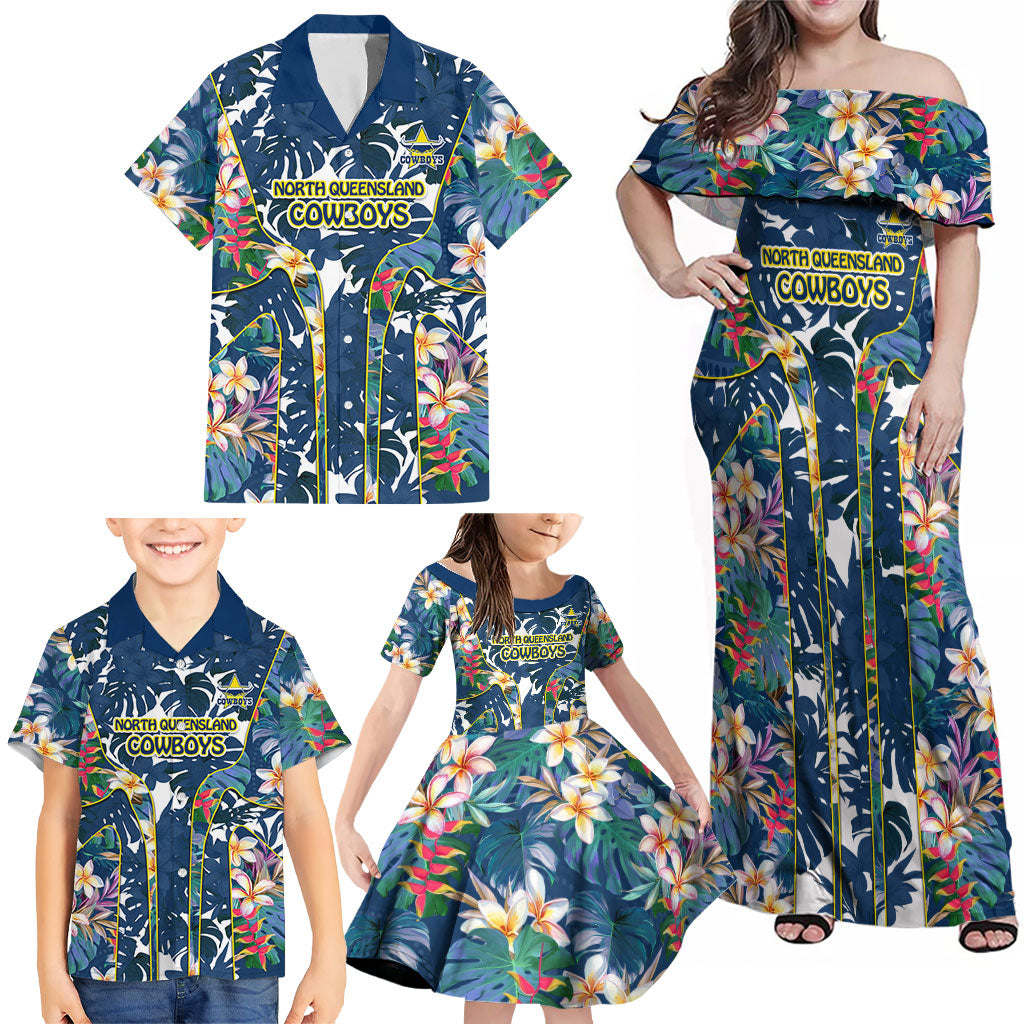 North Queensland Cowboys Family Matching Off Shoulder Maxi Dress and Hawaiian Shirt Tropical Hibiscus Floral Pattern With Blue And Yellow Accents