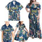 North Queensland Cowboys Family Matching Off Shoulder Maxi Dress and Hawaiian Shirt Tropical Hibiscus Floral Pattern With Blue And Yellow Accents