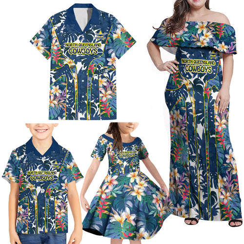 North Queensland Cowboys Family Matching Off Shoulder Maxi Dress and Hawaiian Shirt Tropical Hibiscus Floral Pattern With Blue And Yellow Accents