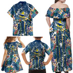 North Queensland Cowboys Family Matching Off Shoulder Maxi Dress and Hawaiian Shirt Tropical Hibiscus Floral Pattern With Blue And Yellow Accents