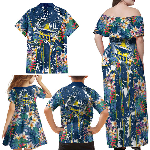 North Queensland Cowboys Family Matching Off Shoulder Maxi Dress and Hawaiian Shirt Tropical Hibiscus Floral Pattern With Blue And Yellow Accents