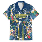 North Queensland Cowboys Family Matching Off Shoulder Maxi Dress and Hawaiian Shirt Tropical Hibiscus Floral Pattern With Blue And Yellow Accents