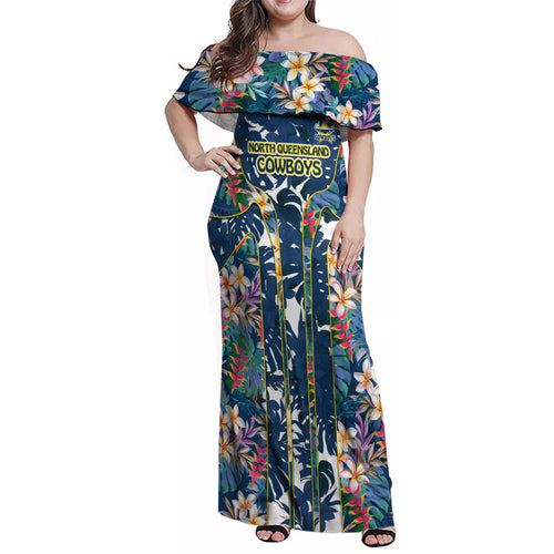 North Queensland Cowboys Family Matching Off Shoulder Maxi Dress and Hawaiian Shirt Tropical Hibiscus Floral Pattern With Blue And Yellow Accents