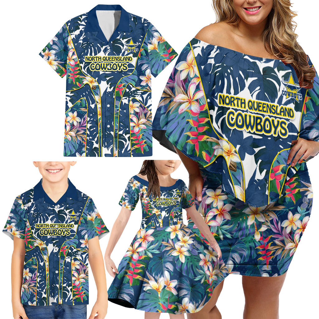 North Queensland Cowboys Family Matching Off Shoulder Short Dress and Hawaiian Shirt Tropical Hibiscus Floral Pattern With Blue And Yellow Accents