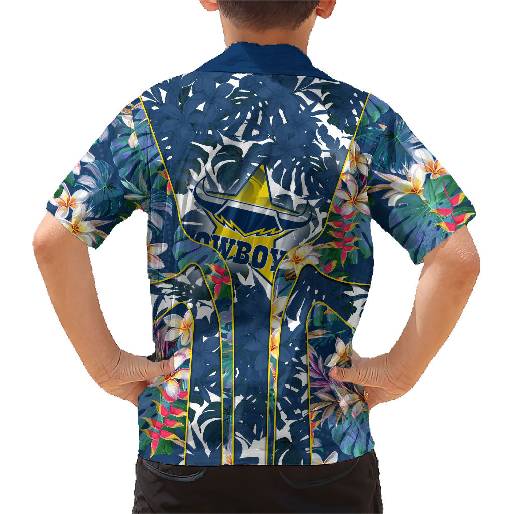 North Queensland Cowboys Family Matching Off Shoulder Short Dress and Hawaiian Shirt Tropical Hibiscus Floral Pattern With Blue And Yellow Accents