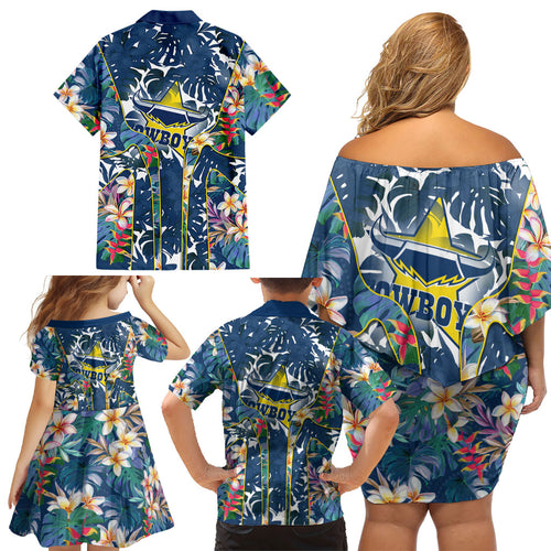 North Queensland Cowboys Family Matching Off Shoulder Short Dress and Hawaiian Shirt Tropical Hibiscus Floral Pattern With Blue And Yellow Accents