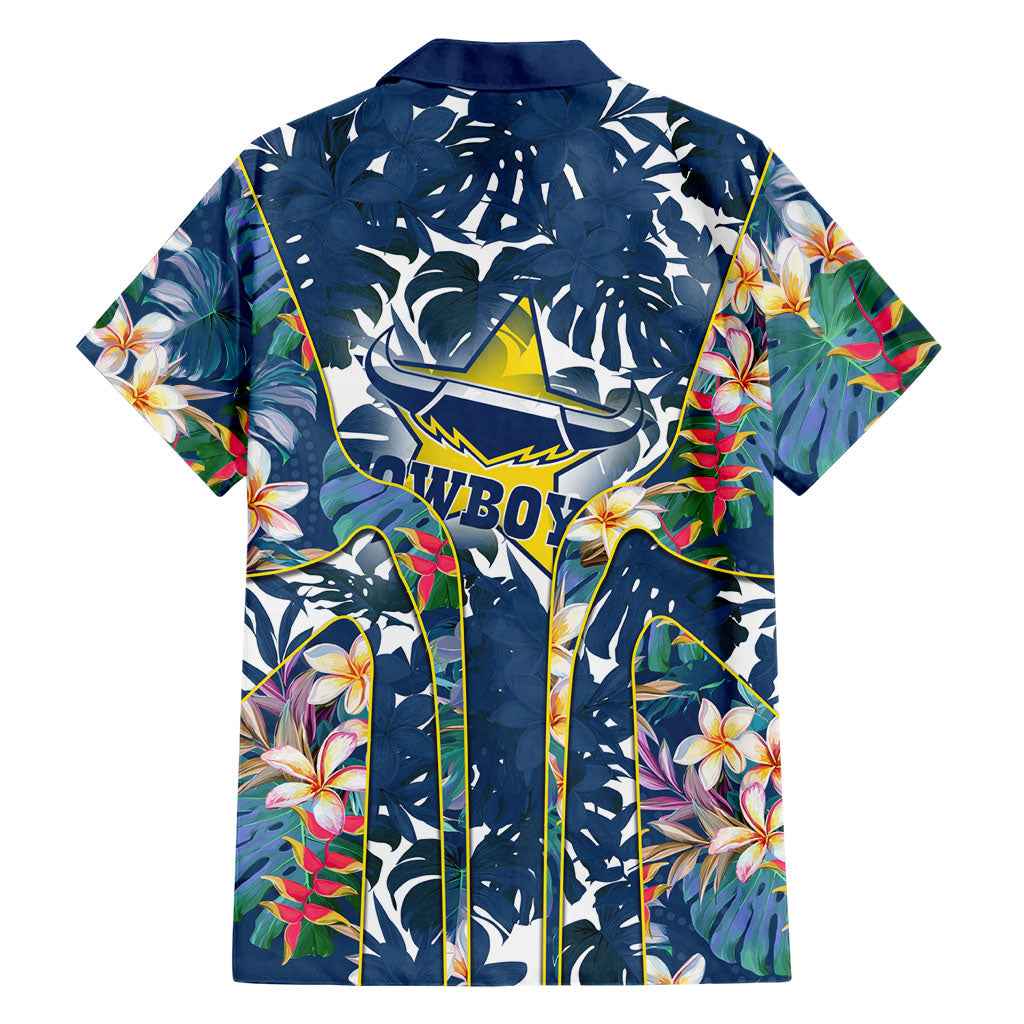 North Queensland Cowboys Family Matching Off Shoulder Short Dress and Hawaiian Shirt Tropical Hibiscus Floral Pattern With Blue And Yellow Accents