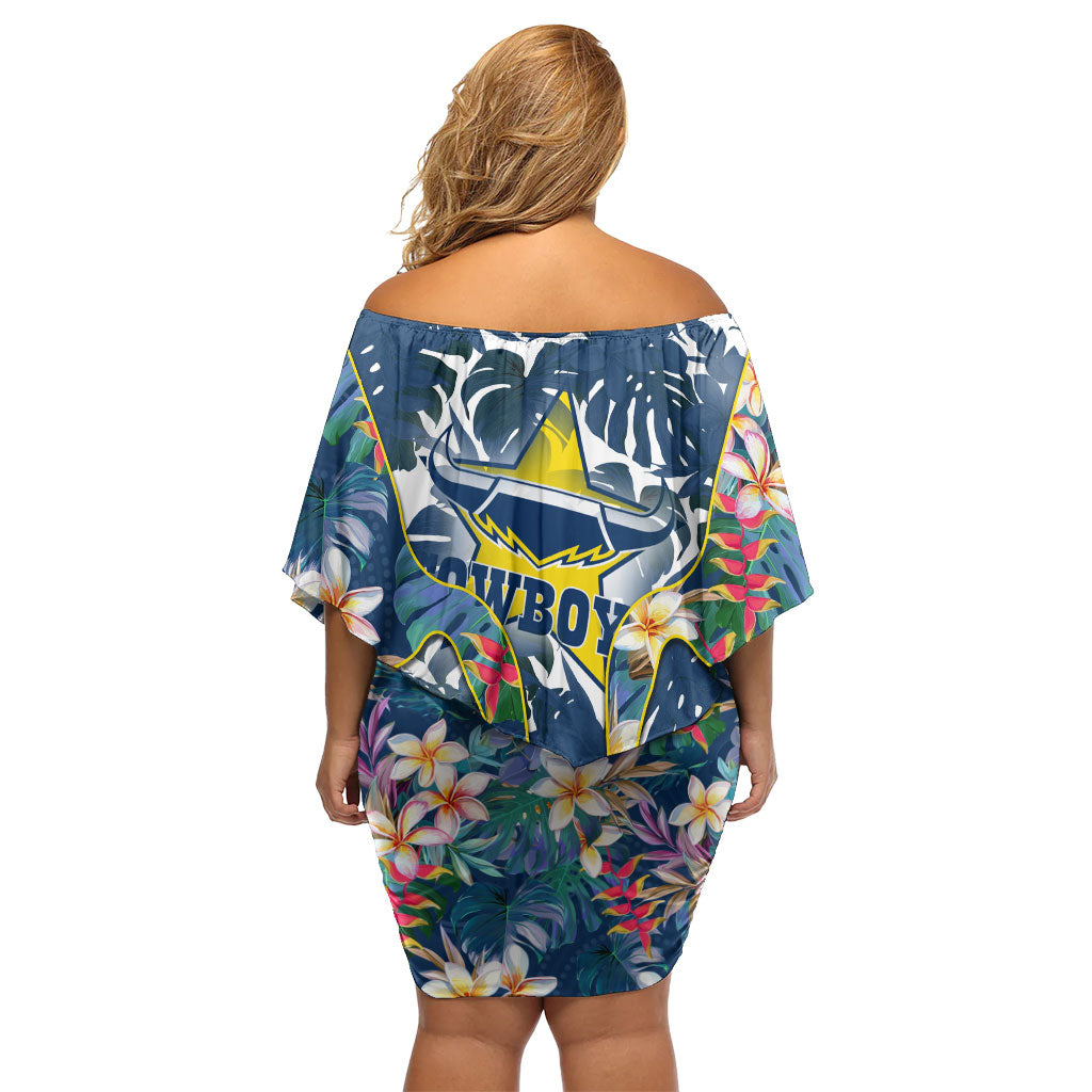 North Queensland Cowboys Family Matching Off Shoulder Short Dress and Hawaiian Shirt Tropical Hibiscus Floral Pattern With Blue And Yellow Accents