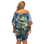 North Queensland Cowboys Family Matching Off Shoulder Short Dress and Hawaiian Shirt Tropical Hibiscus Floral Pattern With Blue And Yellow Accents