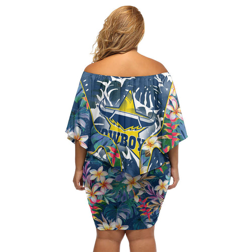 North Queensland Cowboys Family Matching Off Shoulder Short Dress and Hawaiian Shirt Tropical Hibiscus Floral Pattern With Blue And Yellow Accents