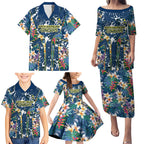North Queensland Cowboys Family Matching Puletasi and Hawaiian Shirt Tropical Hibiscus Floral Pattern With Blue And Yellow Accents