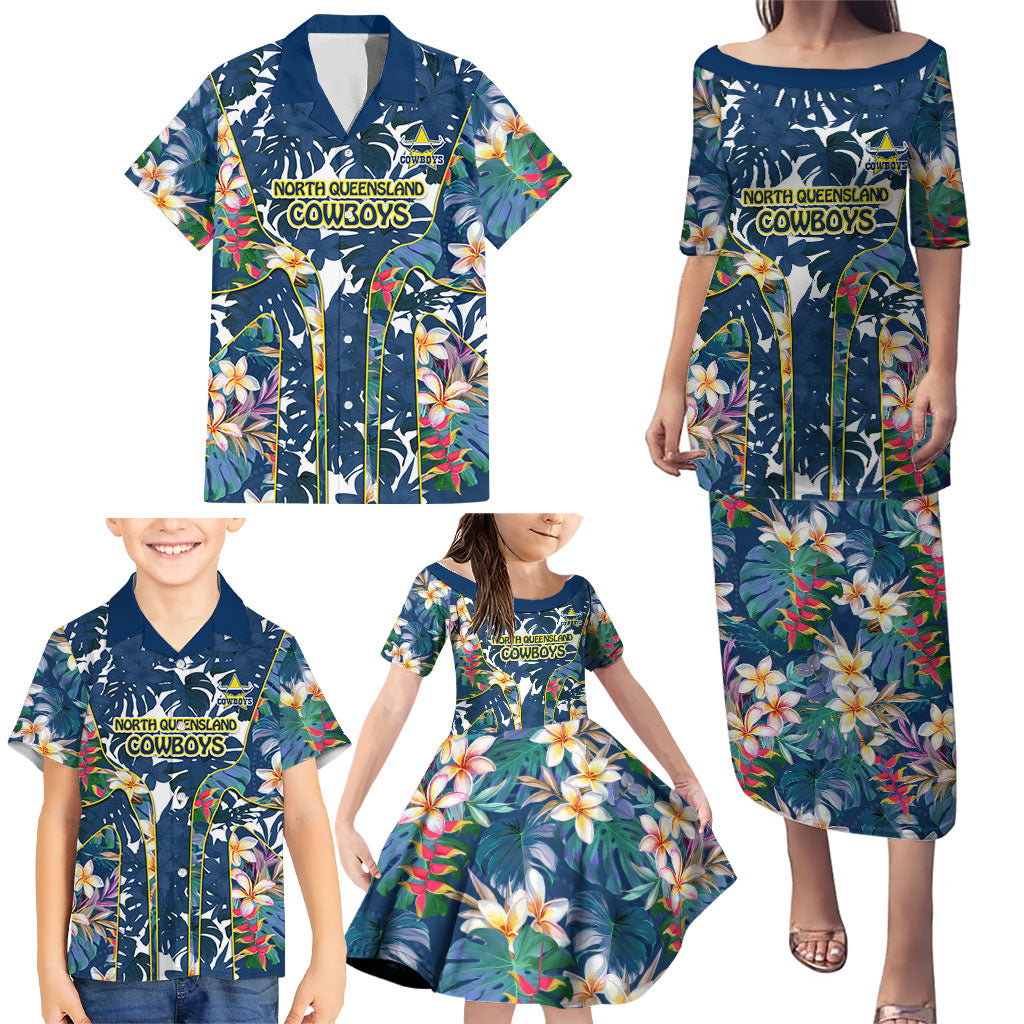 North Queensland Cowboys Family Matching Puletasi and Hawaiian Shirt Tropical Hibiscus Floral Pattern With Blue And Yellow Accents