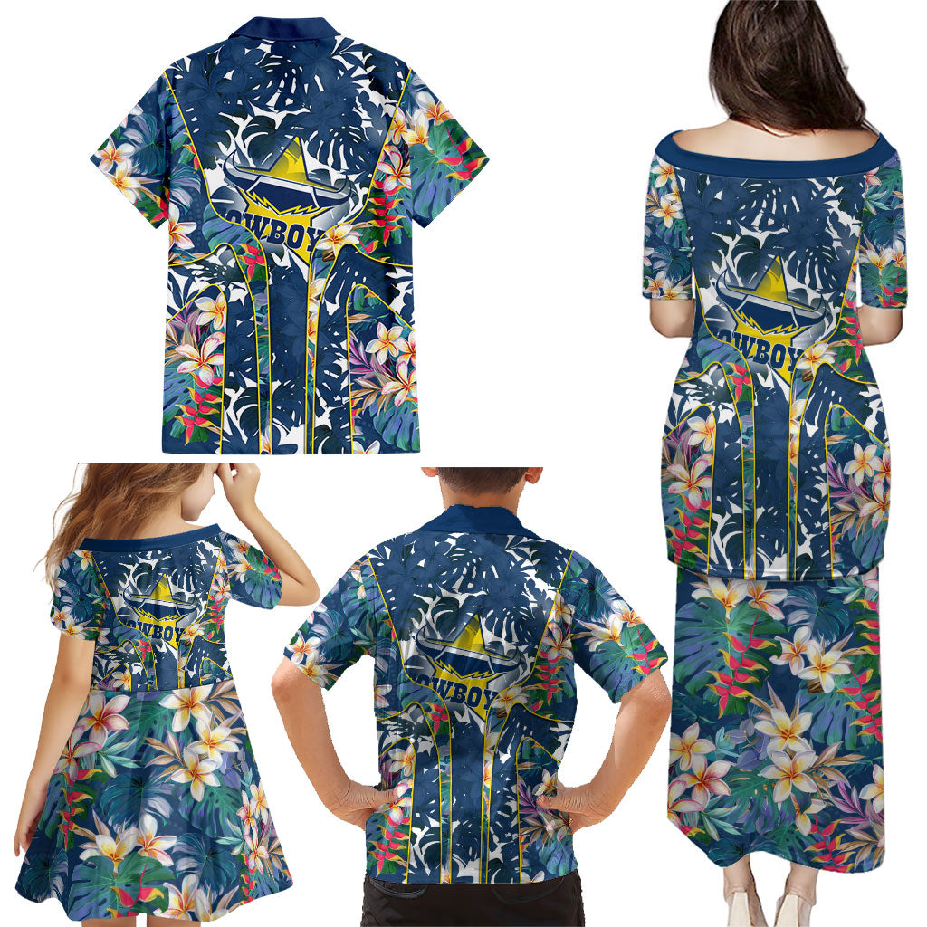 North Queensland Cowboys Family Matching Puletasi and Hawaiian Shirt Tropical Hibiscus Floral Pattern With Blue And Yellow Accents