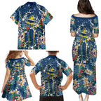 North Queensland Cowboys Family Matching Puletasi and Hawaiian Shirt Tropical Hibiscus Floral Pattern With Blue And Yellow Accents