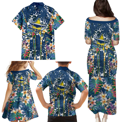 North Queensland Cowboys Family Matching Puletasi and Hawaiian Shirt Tropical Hibiscus Floral Pattern With Blue And Yellow Accents