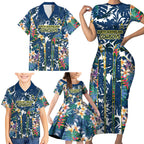 North Queensland Cowboys Family Matching Short Sleeve Bodycon Dress and Hawaiian Shirt Tropical Hibiscus Floral Pattern With Blue And Yellow Accents