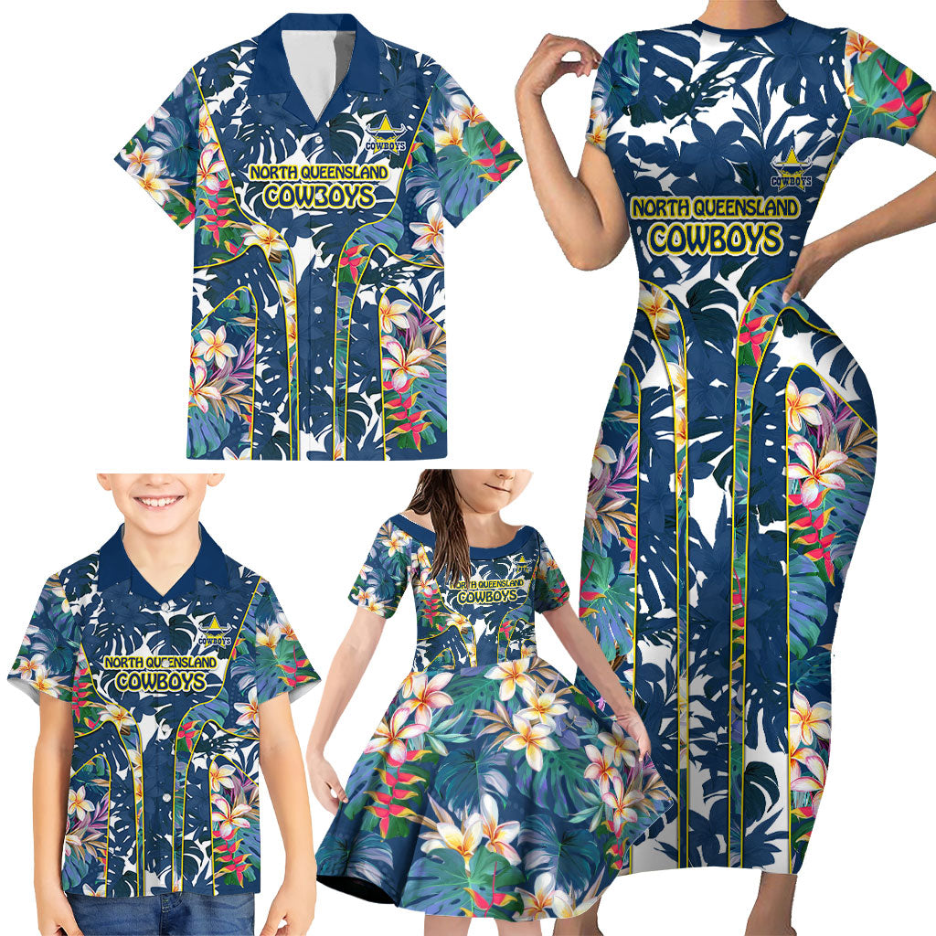 North Queensland Cowboys Family Matching Short Sleeve Bodycon Dress and Hawaiian Shirt Tropical Hibiscus Floral Pattern With Blue And Yellow Accents